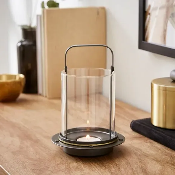 Industrial Lantern with Glass Panels - Black, Metal image