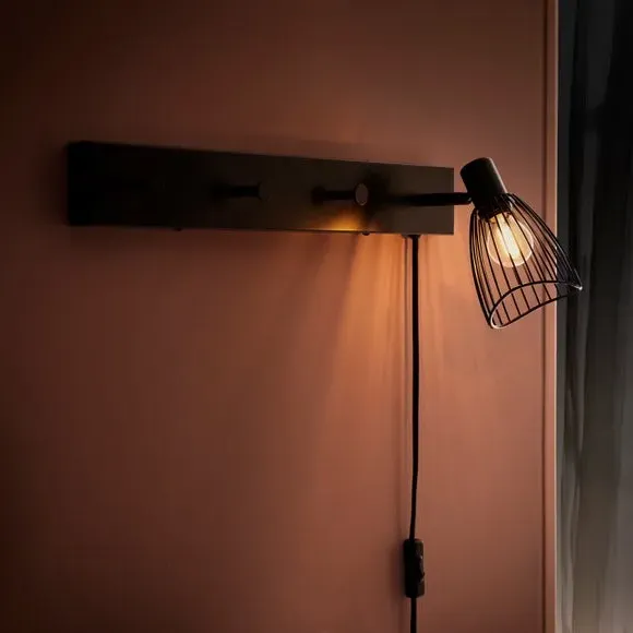 Industrial Wall Light with Clothes Hanger - Wood