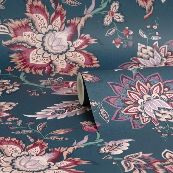 Jacobean Wallpaper with Metallic Accents - Navy