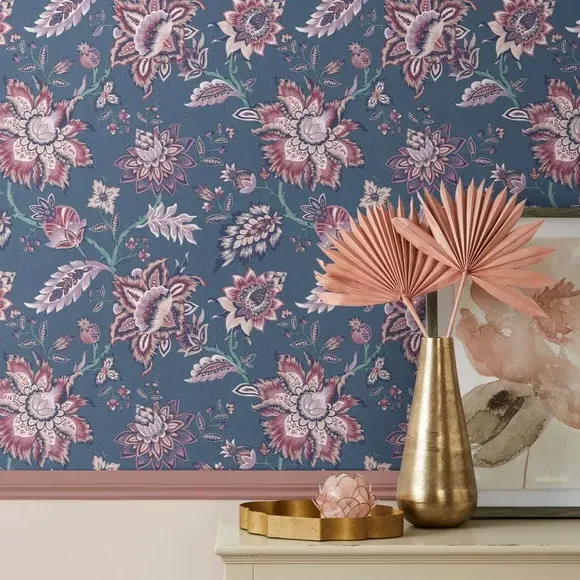 Jacobean Wallpaper with Metallic Accents - Navy
