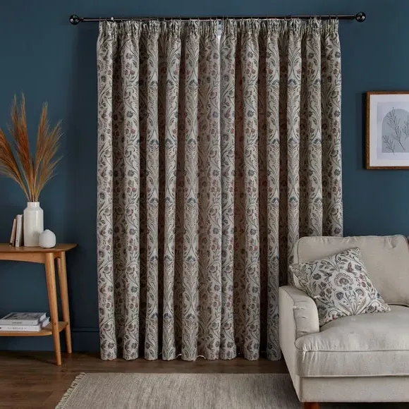 Jacquard Pencil Pleat Curtains - Natural, Polyester