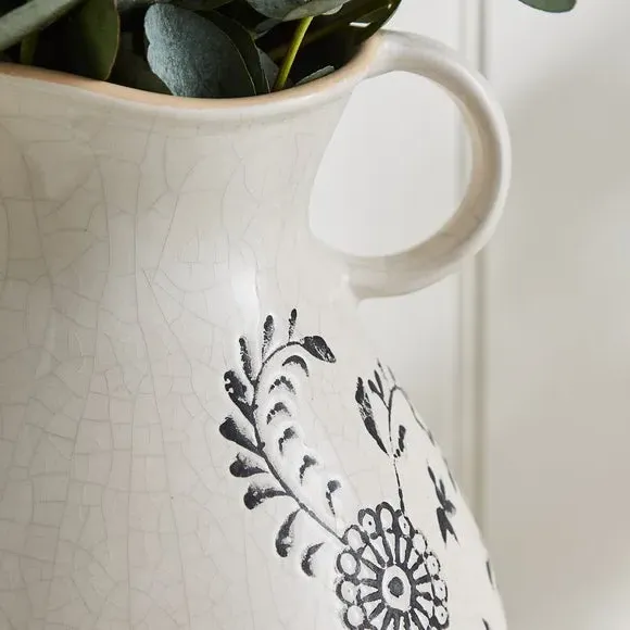 Jug Vase with Floral Print - Cream, Ceramic