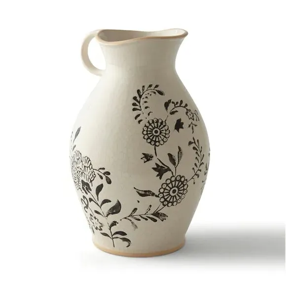 Jug Vase with Floral Print - Cream, Ceramic