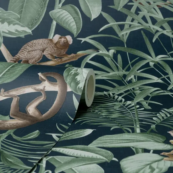 Jungle Wallpaper with Monkey Design - Navy