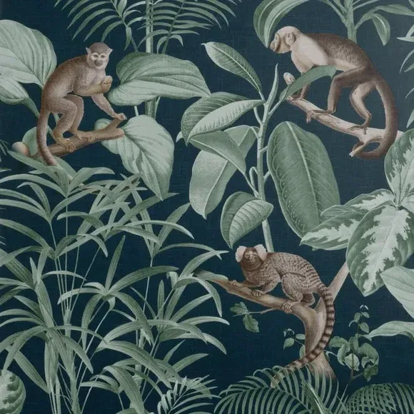 Jungle Wallpaper with Monkey Design - Navy