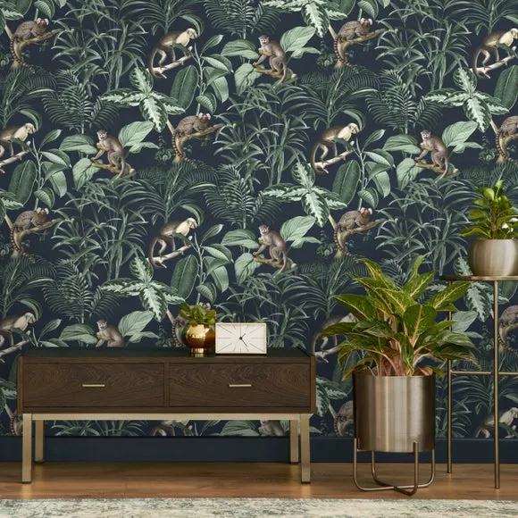 Jungle Wallpaper with Monkey Design - Navy image