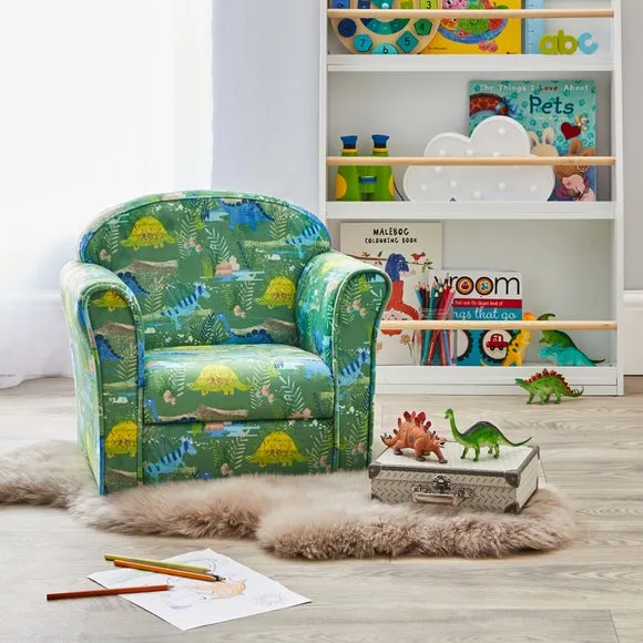 Kids Armchair with Dinosaur Print - Green, Velvet