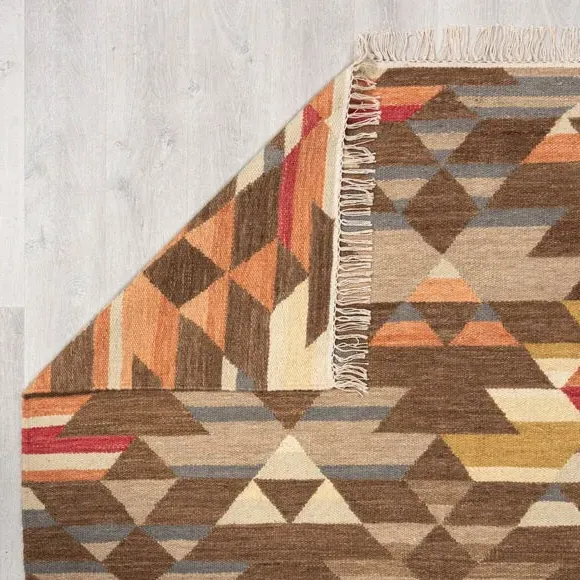 Kilim Wool Rug with Geometric Pattern - Multicoloured