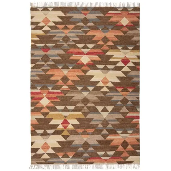 Kilim Wool Rug with Geometric Pattern - Multicoloured