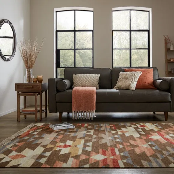 Kilim Wool Rug with Geometric Pattern - Multicoloured