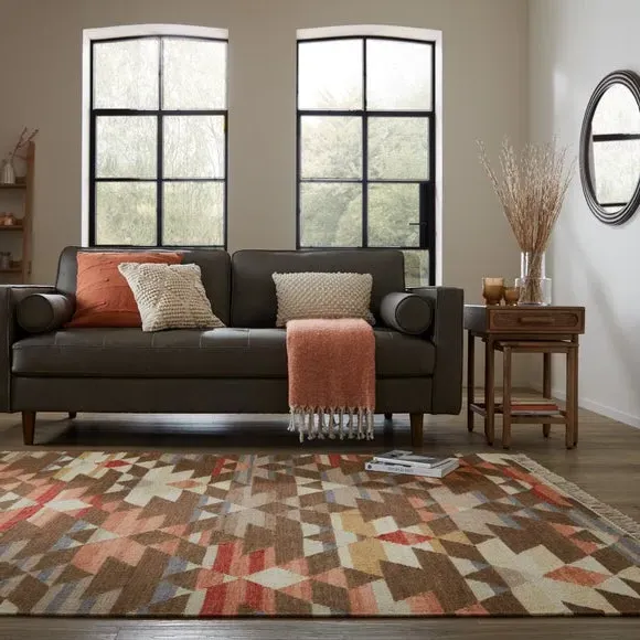Kilim Wool Rug with Geometric Pattern - Multicoloured