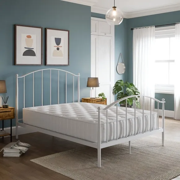 King Size Bed Frame with Sprung Slats - White, Metal
