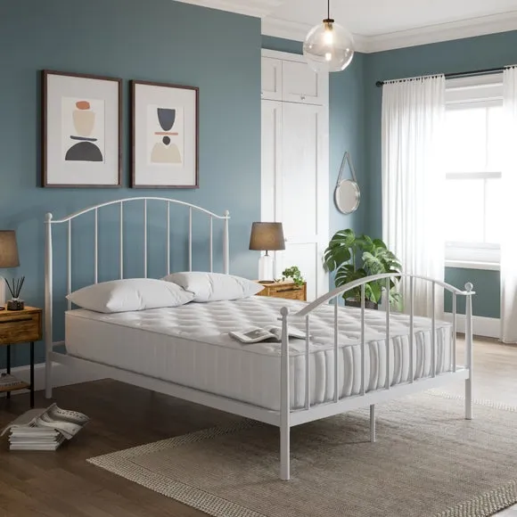 King Size Bed Frame with Sprung Slats - White, Metal image