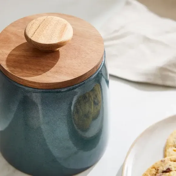 Kitchen Canister with Acacia Lid - Blue, Stoneware