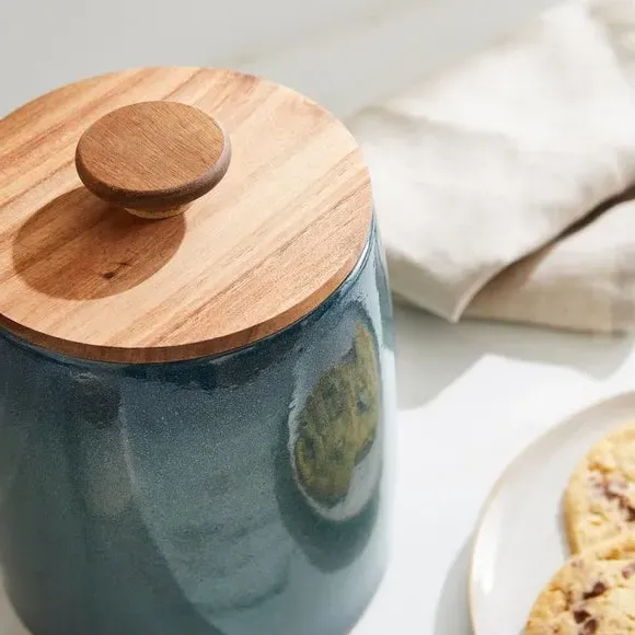 Kitchen Canister with Acacia Lid - Blue, Stoneware