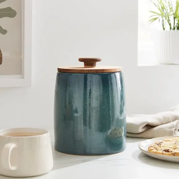 Kitchen Canister with Acacia Lid - Blue, Stoneware