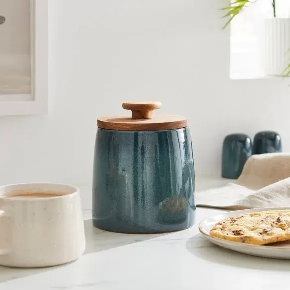 Kitchen Canister with Acacia Lid - Blue, Stoneware image