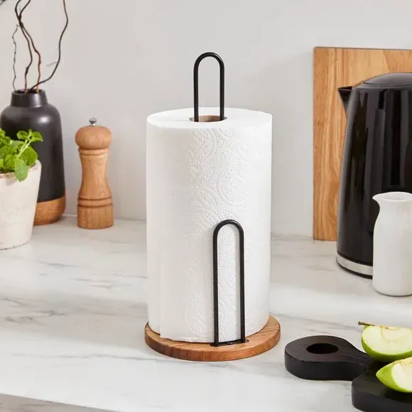 Kitchen Roll Holder - Black, Acacia Wood image