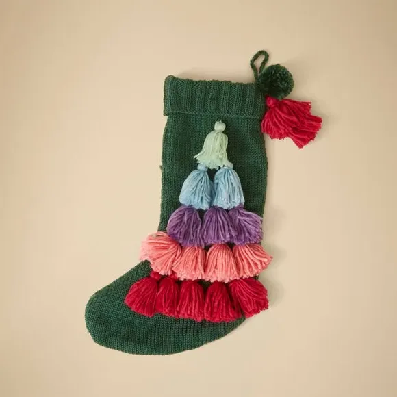 Knitted Christmas Stocking with Tassels - Green