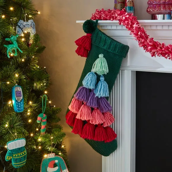 Knitted Christmas Stocking with Tassels - Green image