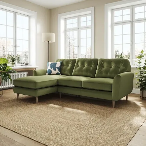 L-Shaped Corner Chaise Sofa - Dark Olive, Velvet