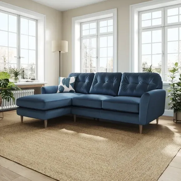 L-Shaped Corner Chaise Sofa - Navy, Velvet