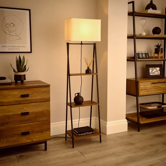Ladder Floor Lamp with Shelves - Black, Metal