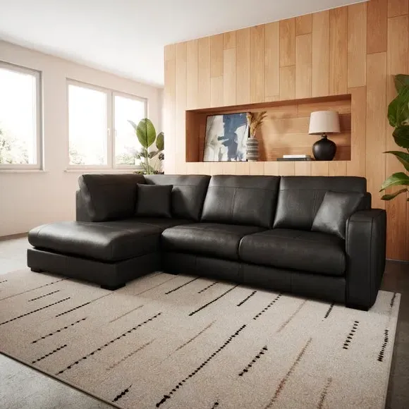 Large Corner Chaise Sofa - Black, Leather image
