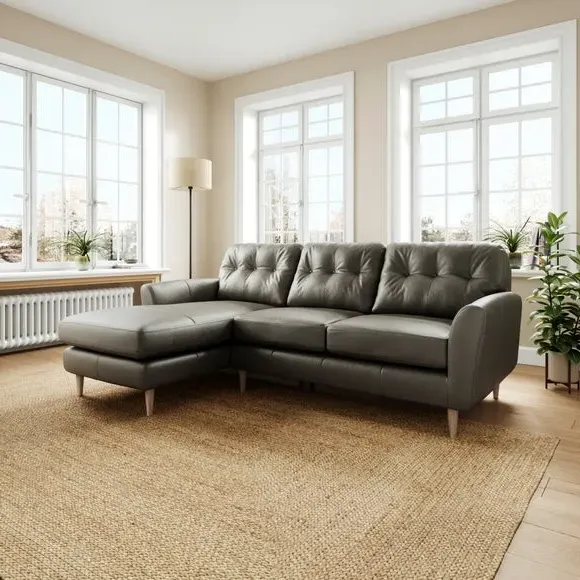 Large Corner Chaise Sofa - Grey, Leather