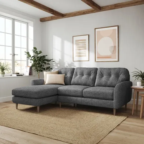 Large Corner Chaise Sofa - Grey, Polyester