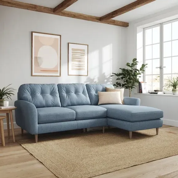 Large Corner Chaise Sofa - Soft Blue, Polyester