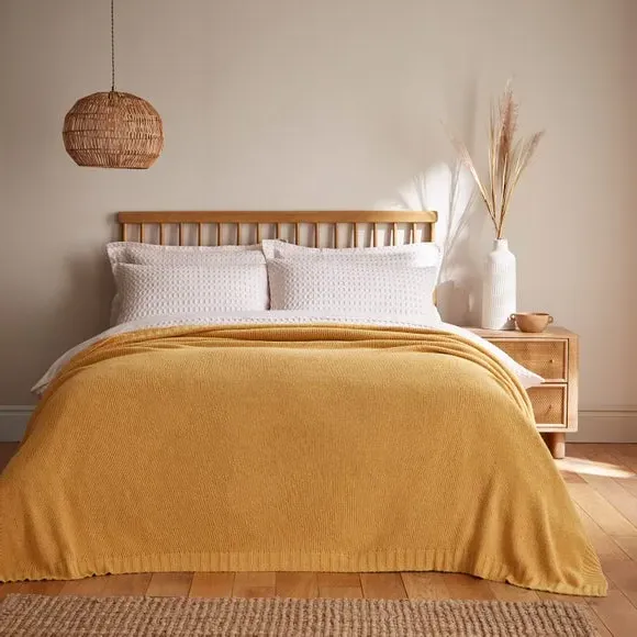 Large Knitted Throw Blanket - Ochre