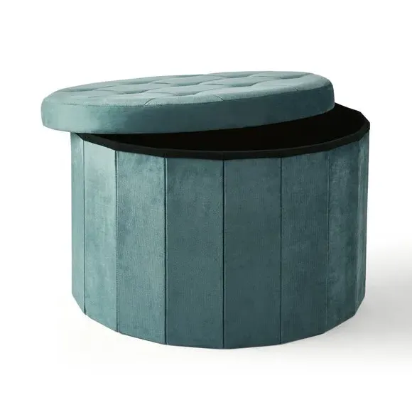 Large Round Ottoman with Storage - Blue, Velvet