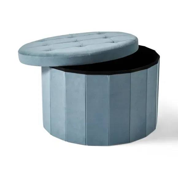 Large Round Ottoman with Storage - Blue, Velvet