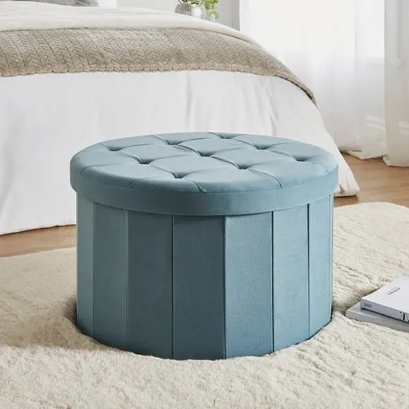 Large Round Ottoman with Storage - Blue, Velvet