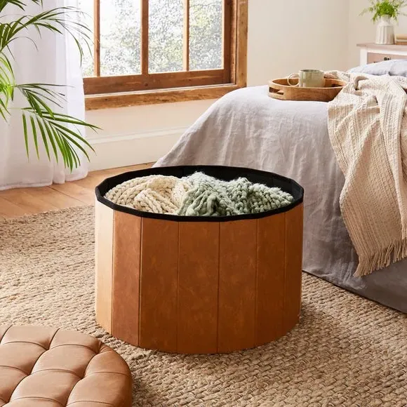 Large Round Ottoman with Storage - Tan, Faux Leather