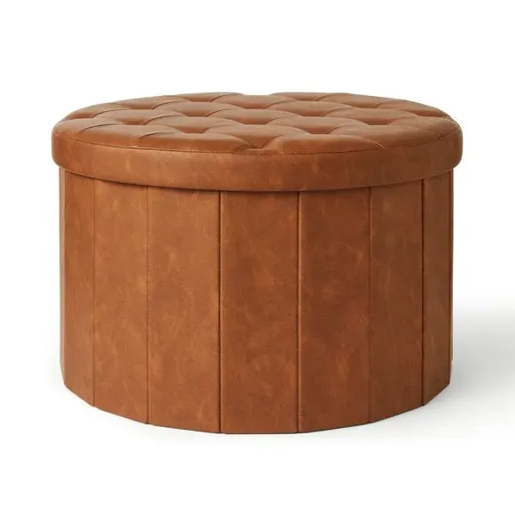 Large Round Ottoman with Storage - Tan, Faux Leather