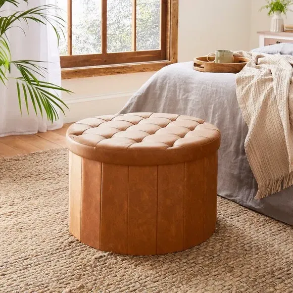 Large Round Ottoman with Storage - Tan, Faux Leather image
