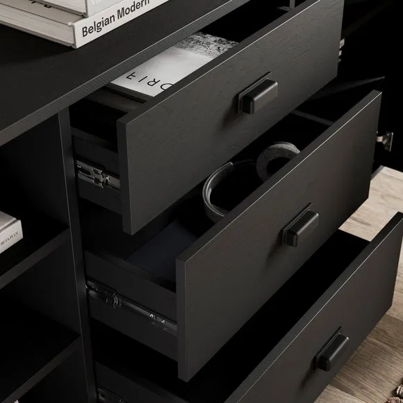 Large Sideboard with Drawers - Black Oak, Metal