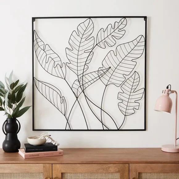 Large Wire Wall Art Leaf Design - Black, Metal