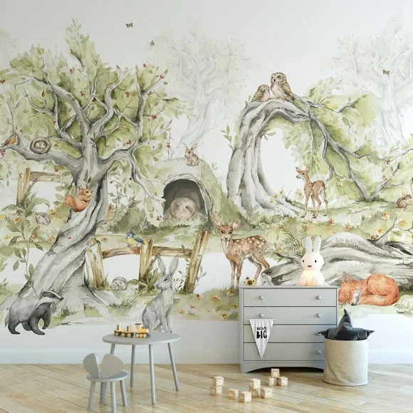 Large Woodland Forest Wall Mural - Green, Non-Woven