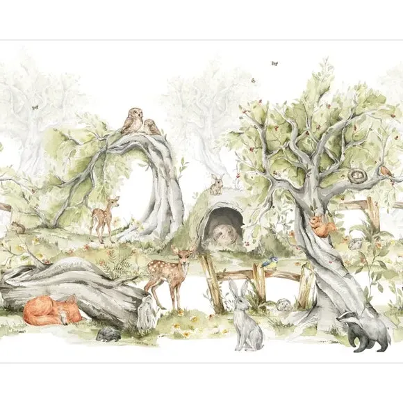 Large Woodland Forest Wall Mural - Green, Non-Woven