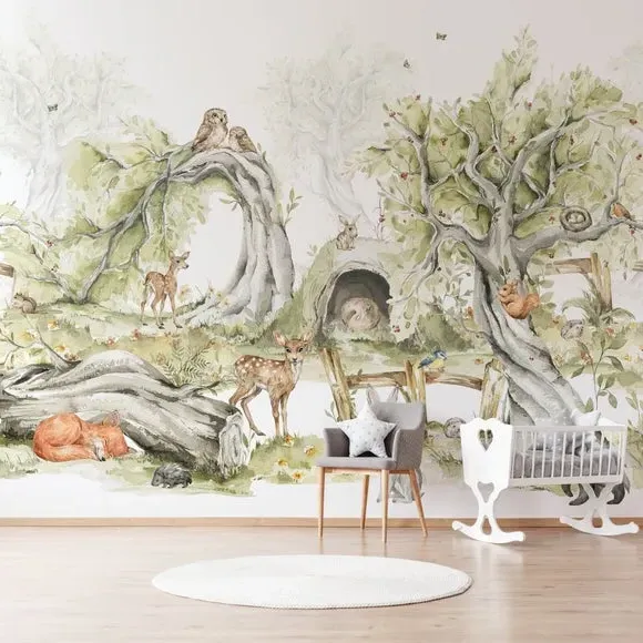Large Woodland Forest Wall Mural - Green, Non-Woven image