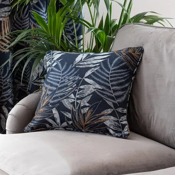 Leaf Jacquard Cushion with Piping - Navy