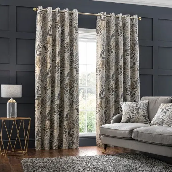 Leaf Jacquard Eyelet Curtains - Grey, Polyester