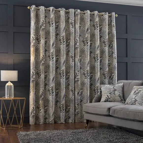 Leaf Jacquard Eyelet Curtains - Grey, Polyester