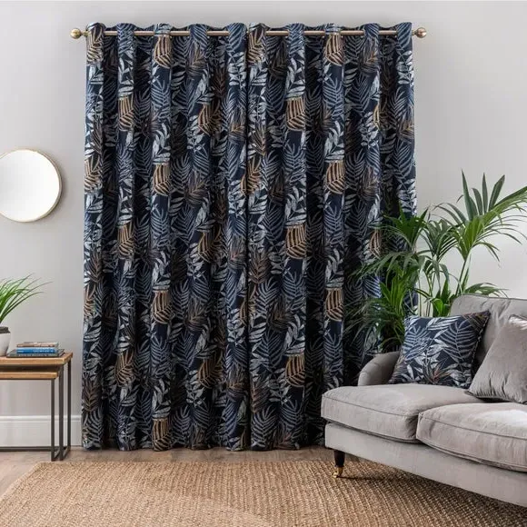 Leaf Jacquard Eyelet Curtains - Navy, Polyester