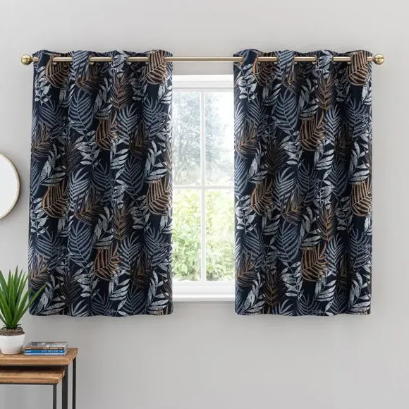 Leaf Jacquard Eyelet Curtains - Navy, Polyester