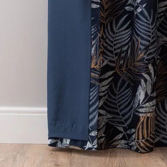 Leaf Jacquard Eyelet Curtains - Navy, Polyester