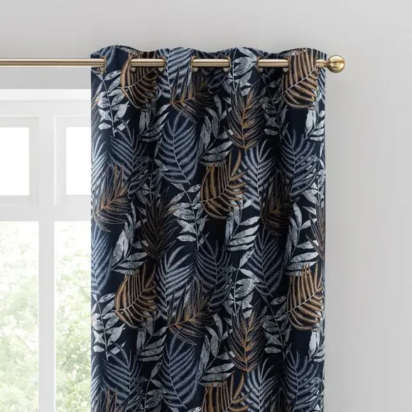 Leaf Jacquard Eyelet Curtains - Navy, Polyester